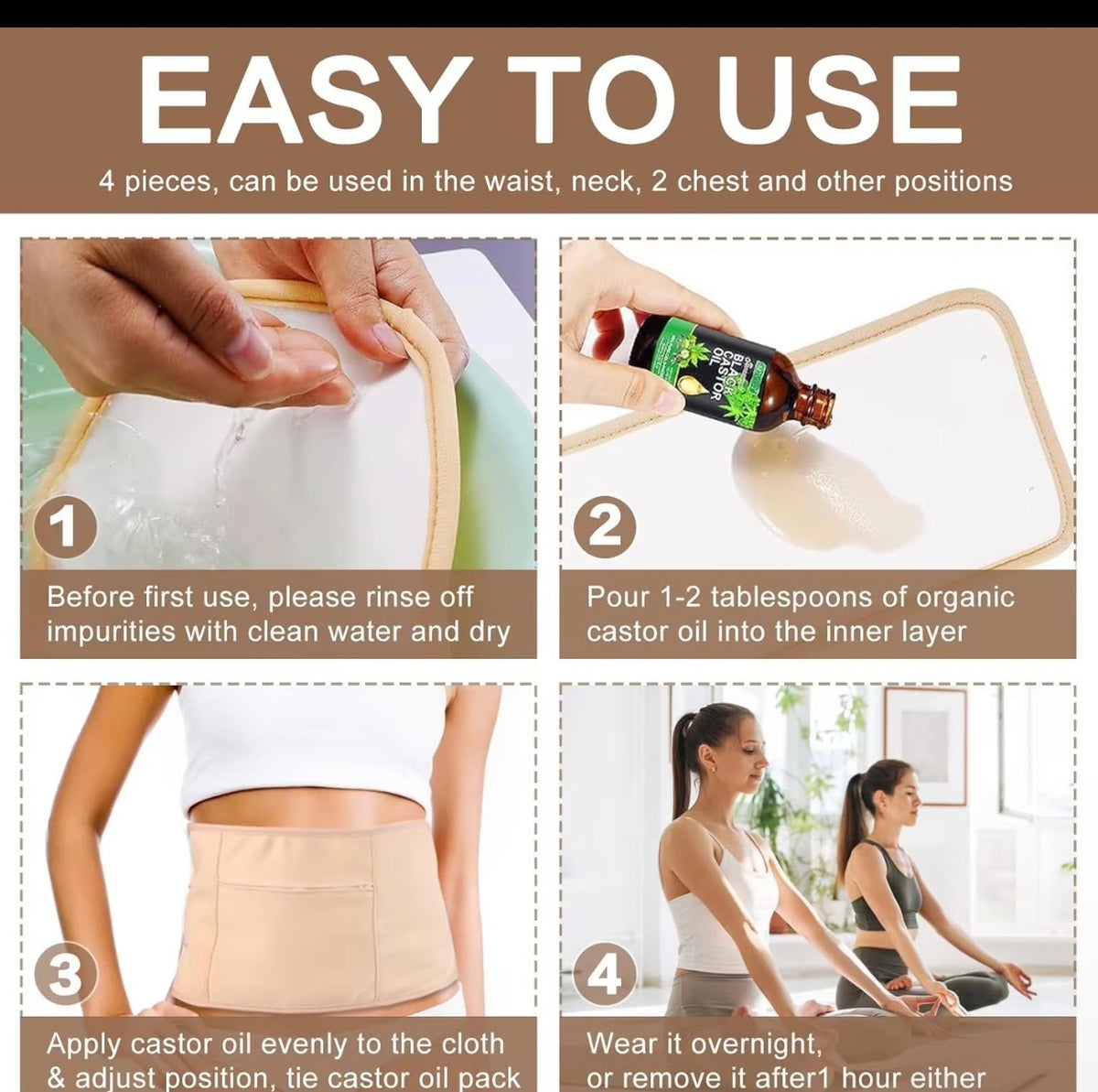 4-Piece Organic Cotton Castor Oil Pack Therapy Wrap Set | Belly, Neck & Breast Compress Kit (4Pcs)