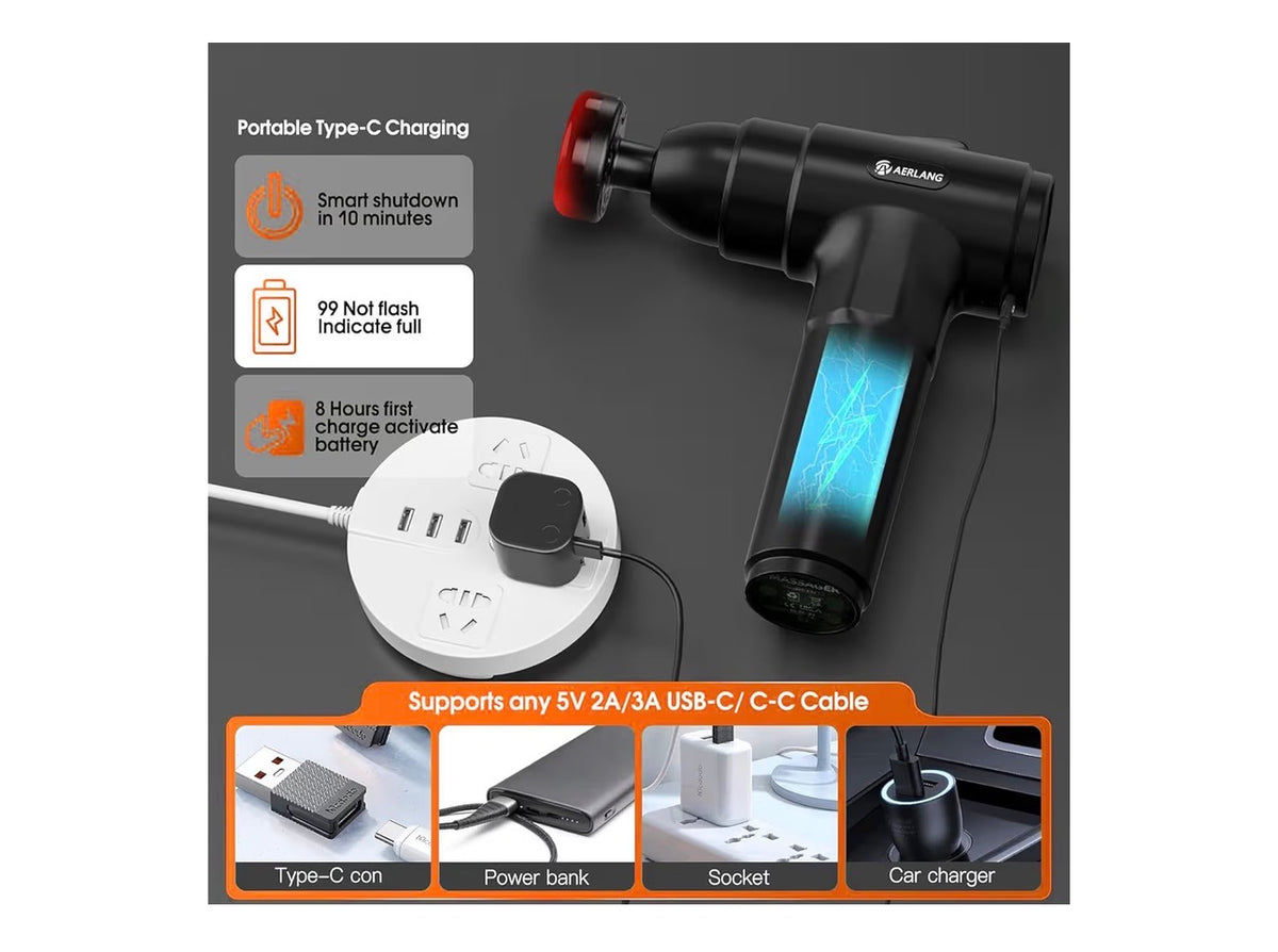 AERLANG Massage Gun with Heat Massager Deep Tissue Muscle Massager – 7 Heads, 20 Speeds, LCD Display & Carrying Case
