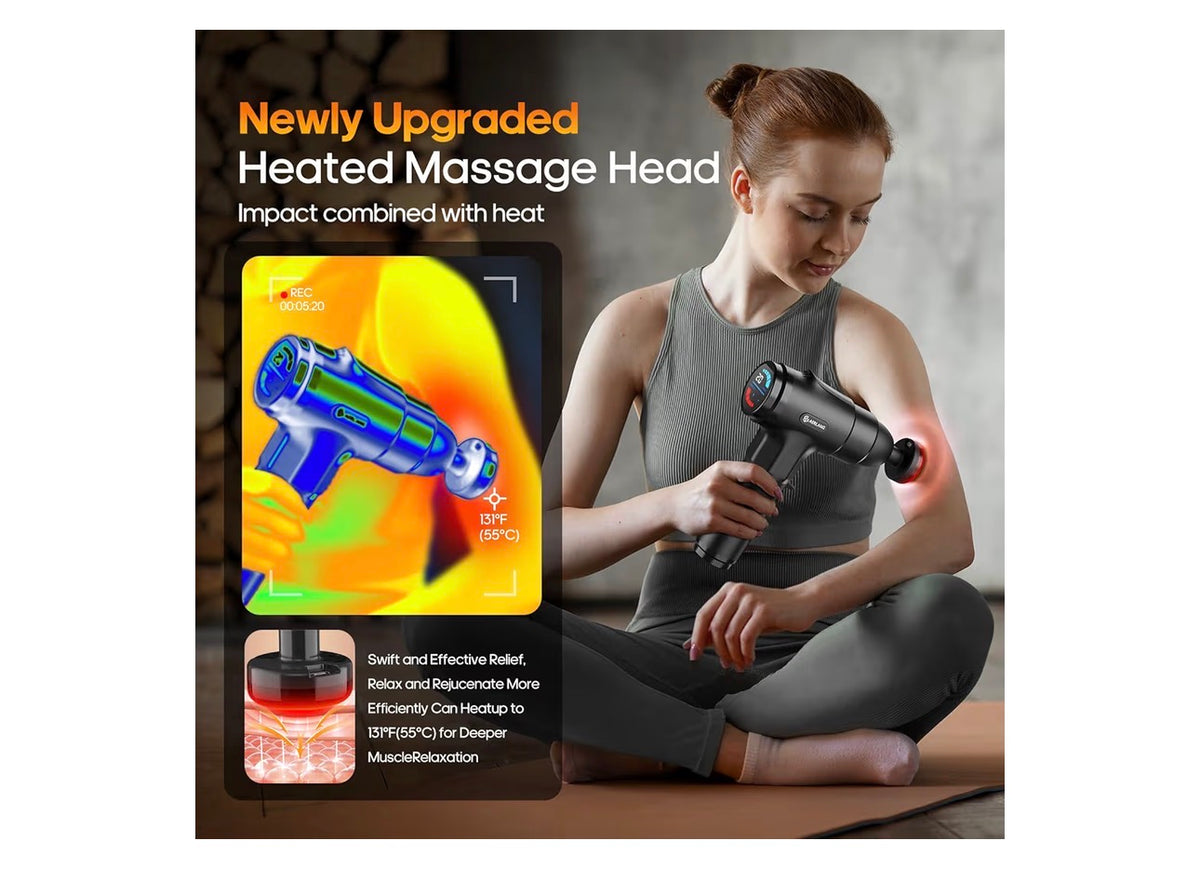 AERLANG Massage Gun with Heat Massager Deep Tissue Muscle Massager – 7 Heads, 20 Speeds, LCD Display & Carrying Case