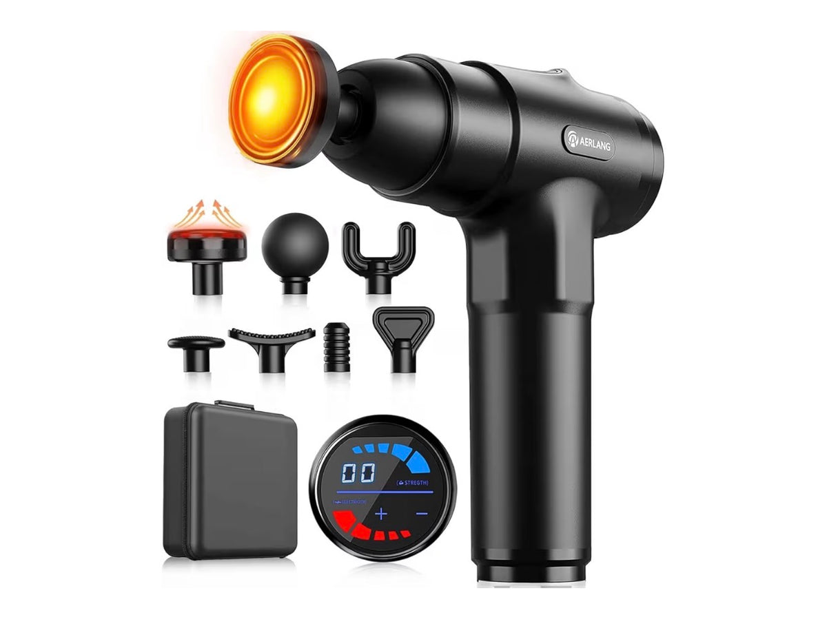 AERLANG Massage Gun with Heat Massager Deep Tissue Muscle Massager – 7 Heads, 20 Speeds, LCD Display & Carrying Case