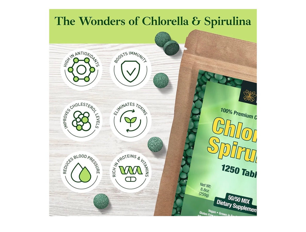 Organic Spirulina & Chlorella Tablets | 1,250 Tablets | 4-Month Supply