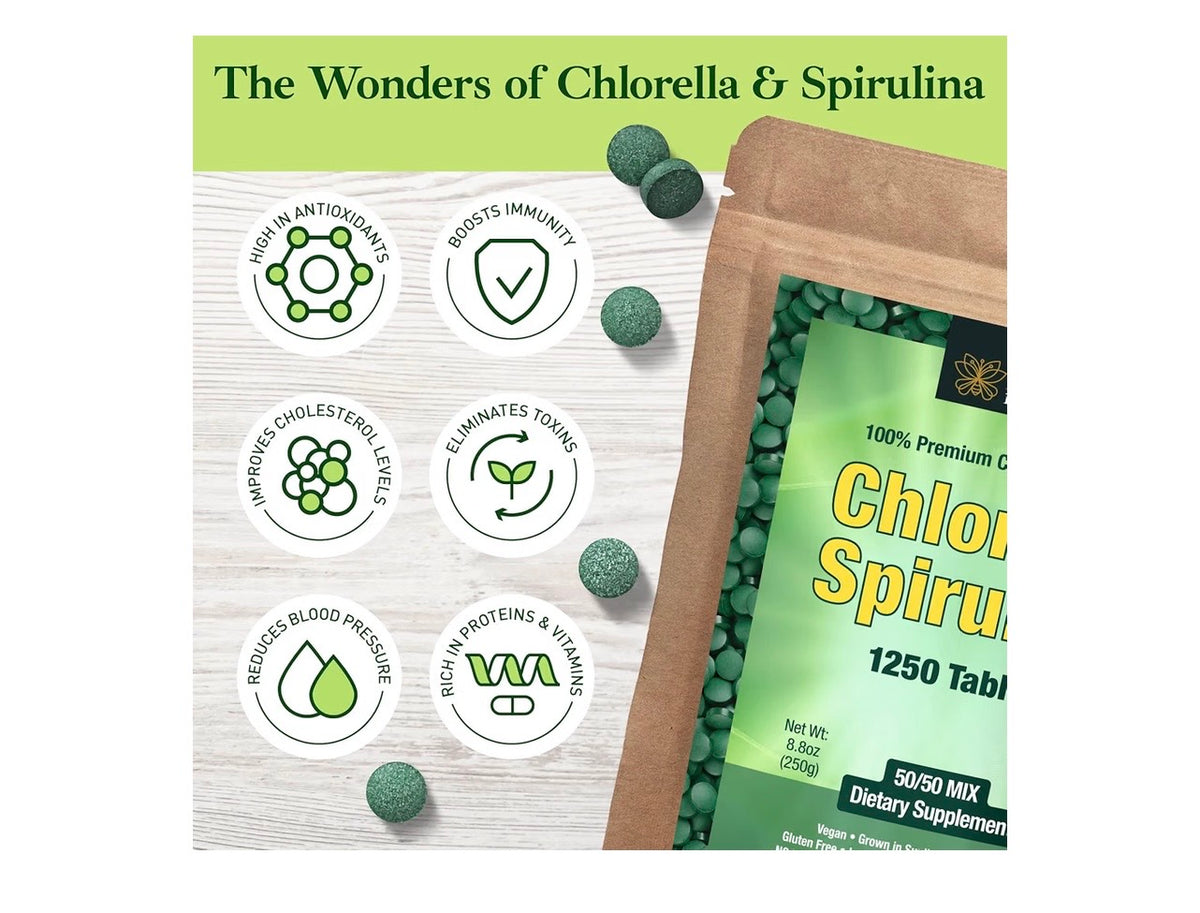 Organic Spirulina & Chlorella Tablets | 1,250 Tablets | 4-Month Supply