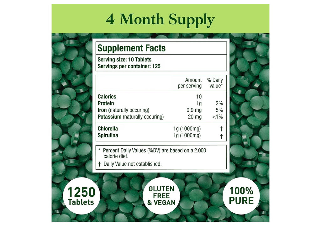 Organic Spirulina & Chlorella Tablets | 1,250 Tablets | 4-Month Supply