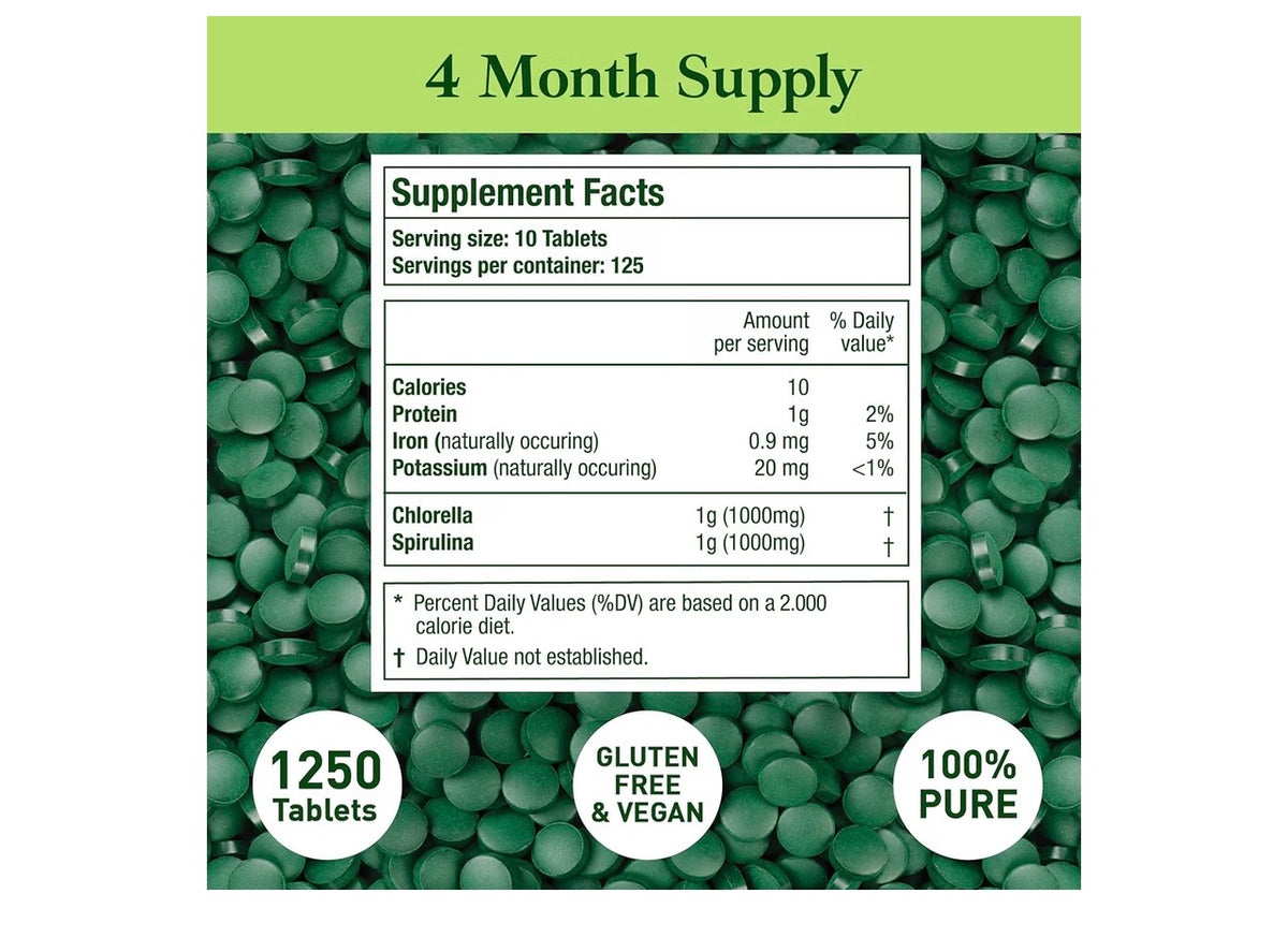Organic Spirulina & Chlorella Tablets | 1,250 Tablets | 4-Month Supply
